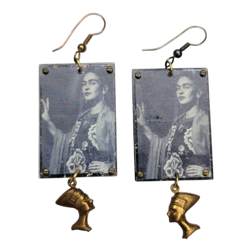 Vintage Frida Kahlo Nefertiti Dangle Earrings Mixed Media Boho Art Jewelry